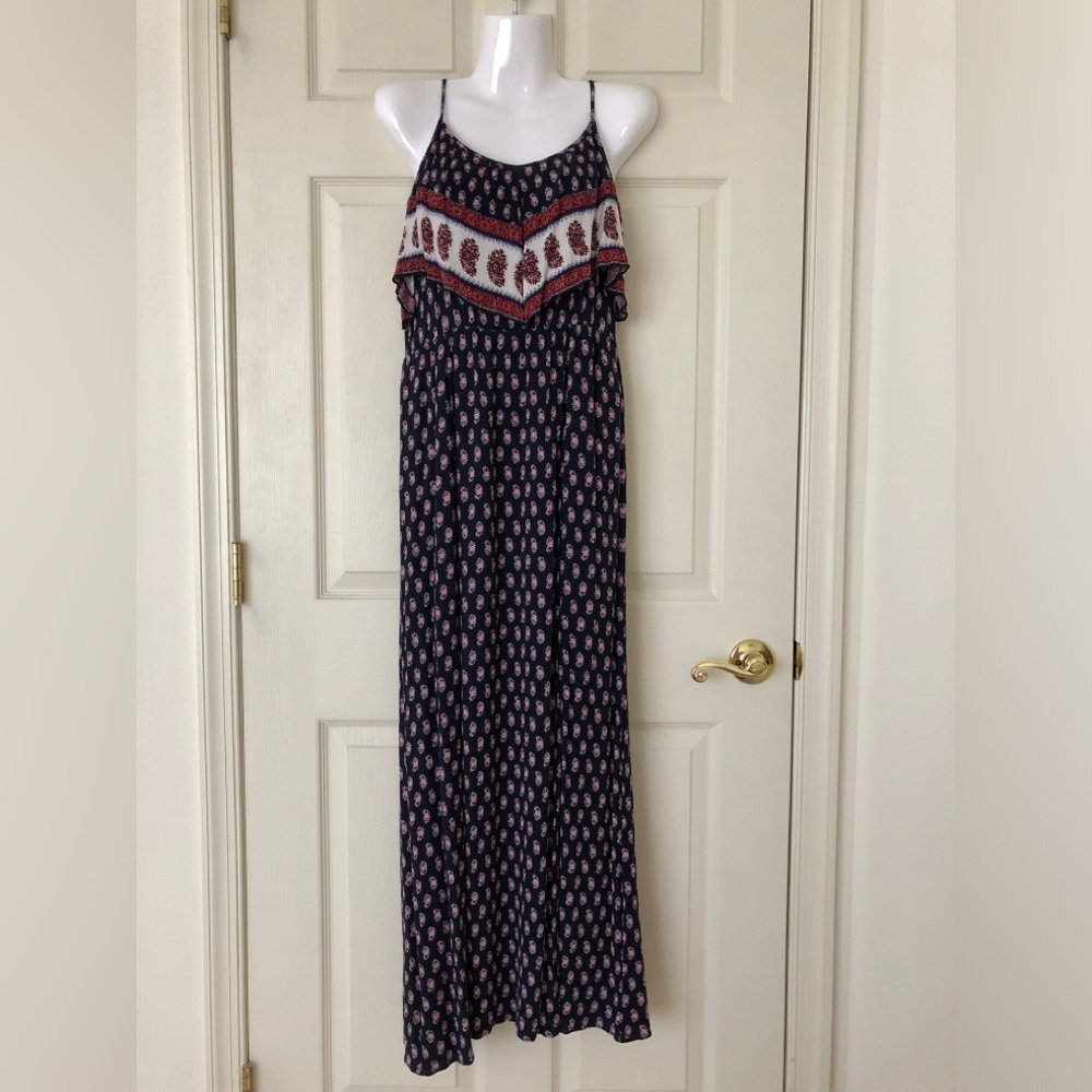 American Eagle Boho Navy Paisley Maxi Dress—Spaghetti Straps, Open Back Size M